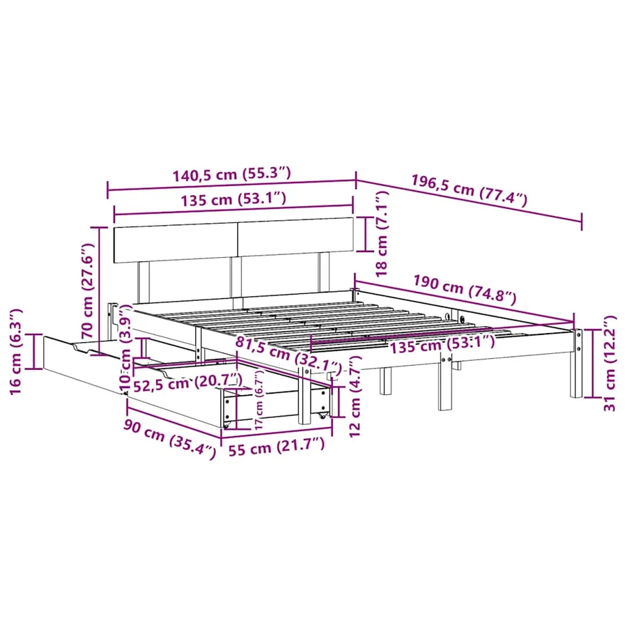 Cadre de lit sans matelas blanc 135x190 cm bois de pin massif - 11