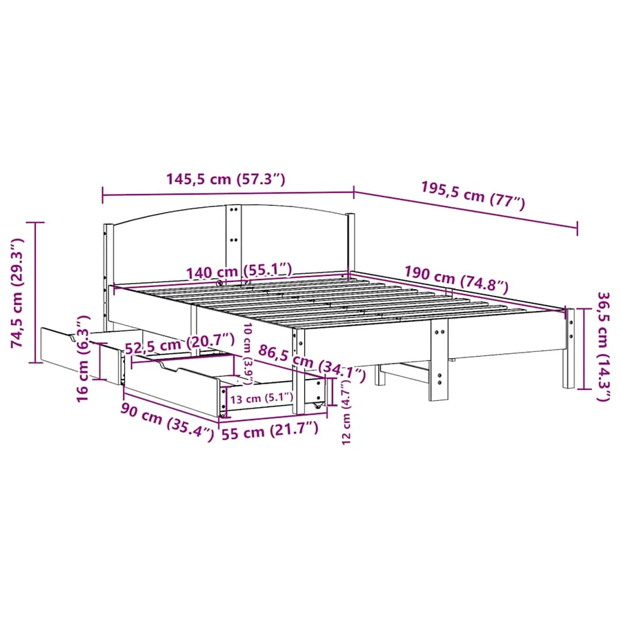 Cadre de lit sans matelas cire marron 140x190cm bois pin massif - 11