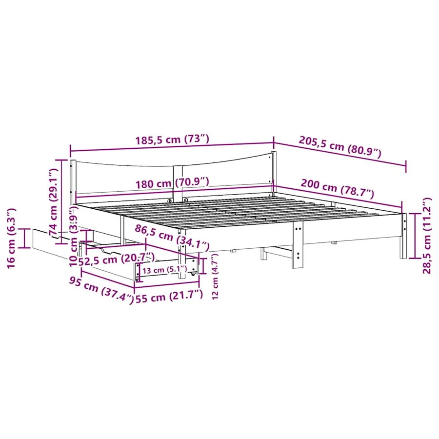 Cadre de lit avec tiroirs 180x200 cm bois de pin massif - 11