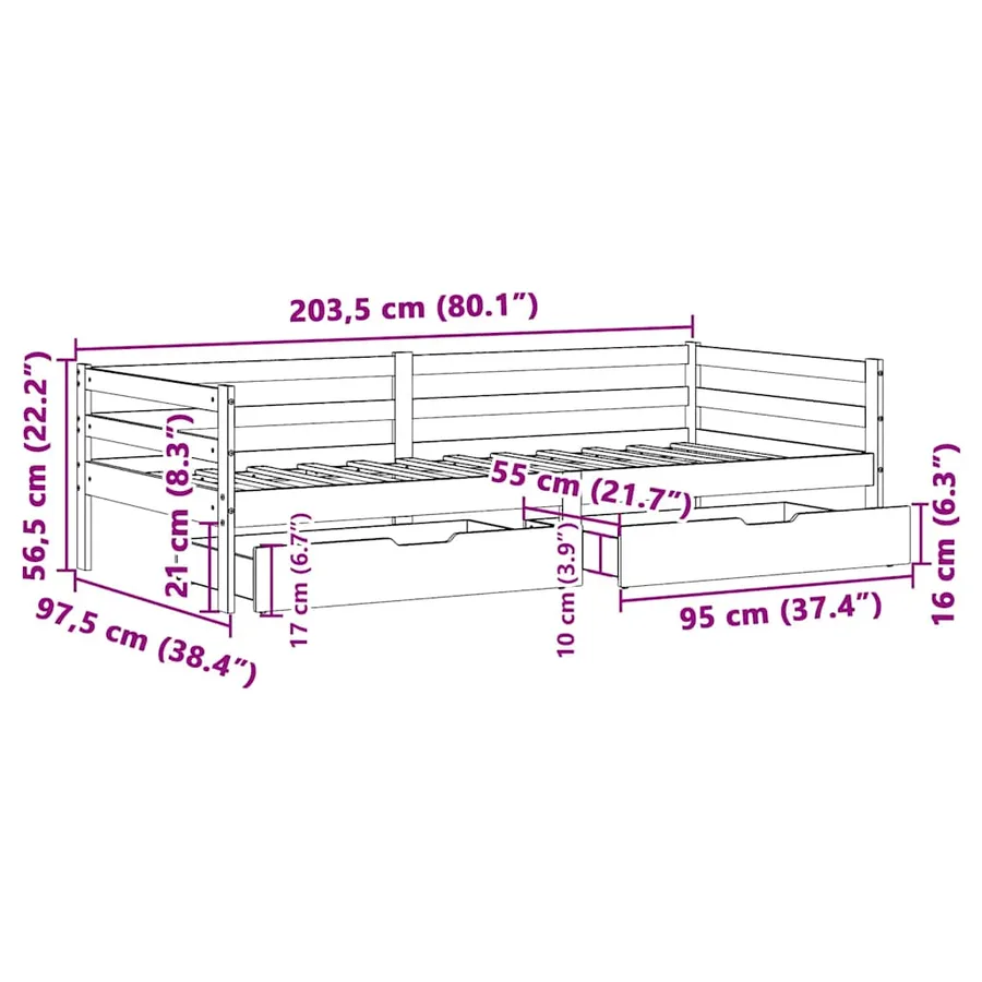 Lit de jour et tiroirs sans matelas blanc 90x200 cm bois massif - 12