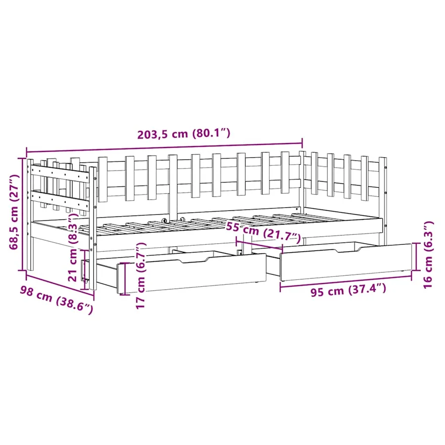 Lit de jour et tiroirs sans matelas blanc 80x200 cm bois massif - 12