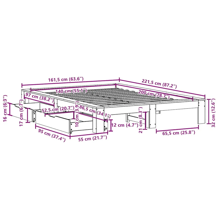 Cadre de lit sans matelas 140x200 cm bois massif de pin - 12