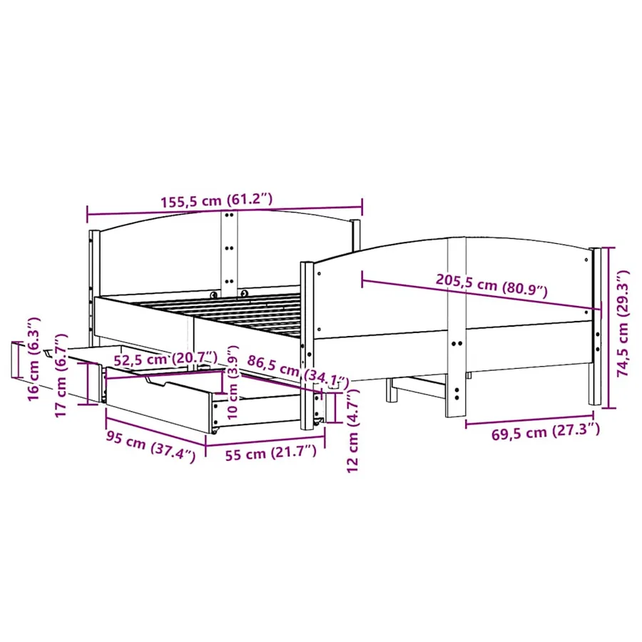Cadre de lit sans matelas blanc 150x200 cm bois de pin massif - 12