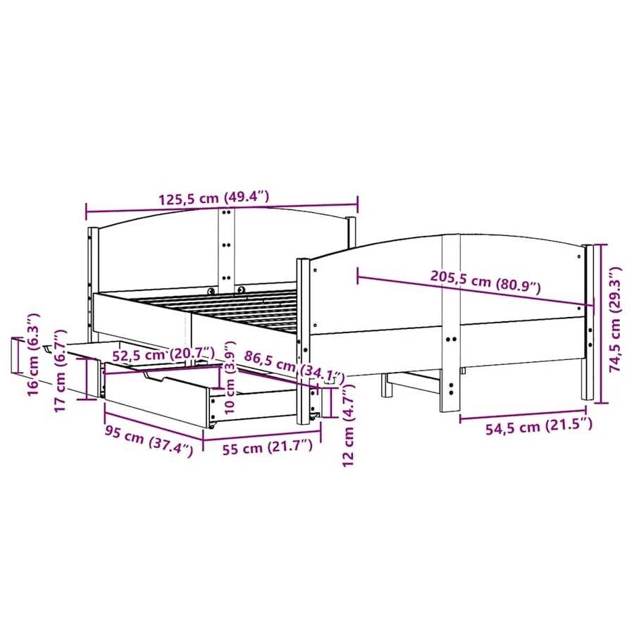 Cadre de lit sans matelas blanc 120x200 cm bois de pin massif - 12
