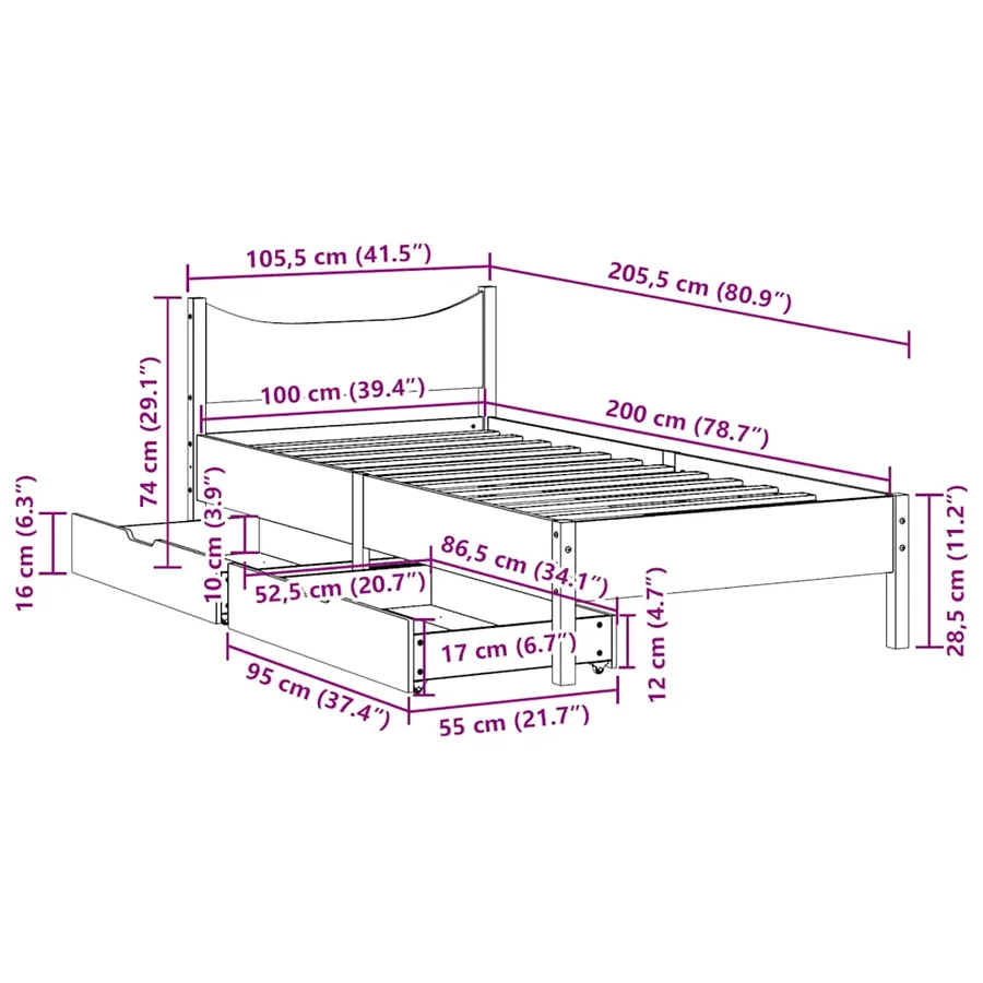 Cadre de lit et tiroirs cire marron 100x200 cm bois de pin - 11