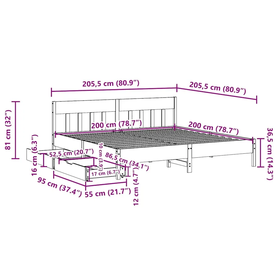 Cadre de lit sans matelas cire marron 200x200cm bois pin massif - 11