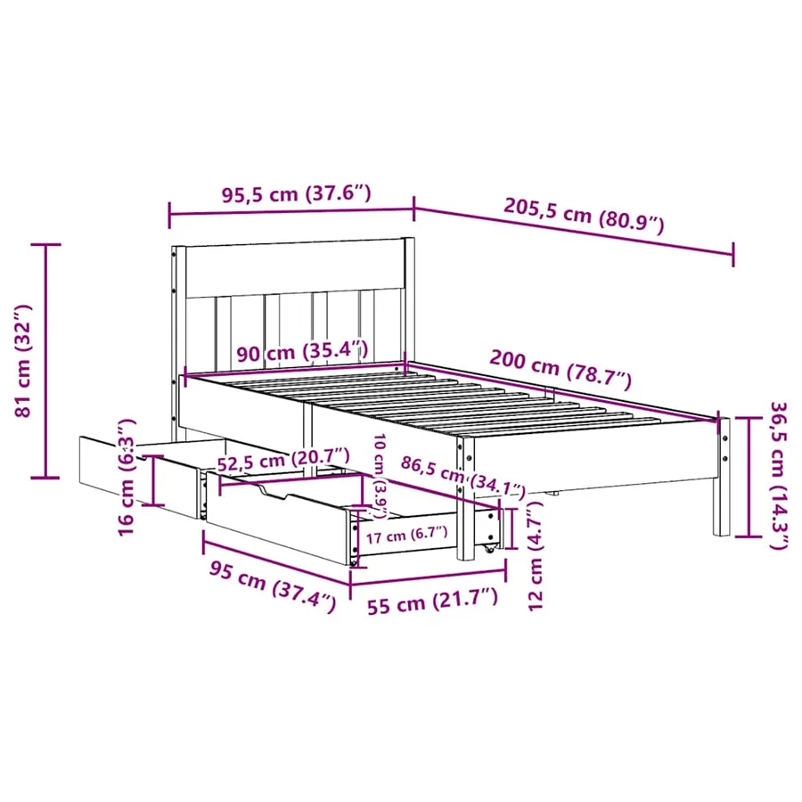 Cadre de lit sans matelas cire marron 90x200 cm bois pin massif - 11