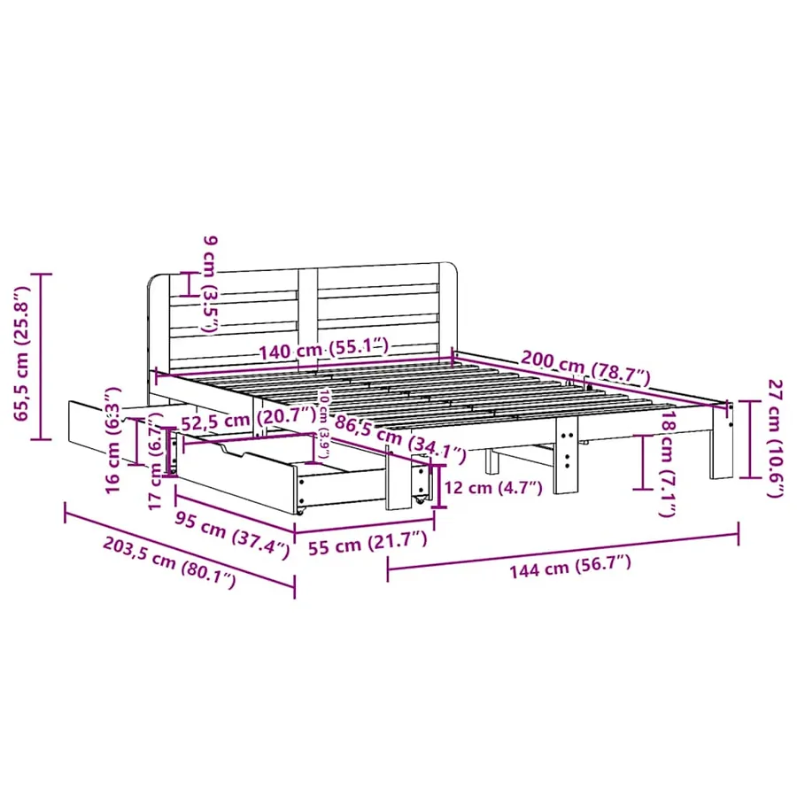 Cadre de lit sans matelas cire marron 140x200cm bois pin massif - 11