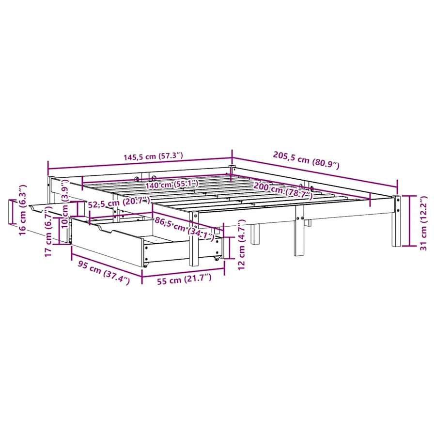 Cadre de lit sans matelas cire marron 140x200cm bois pin massif - 11