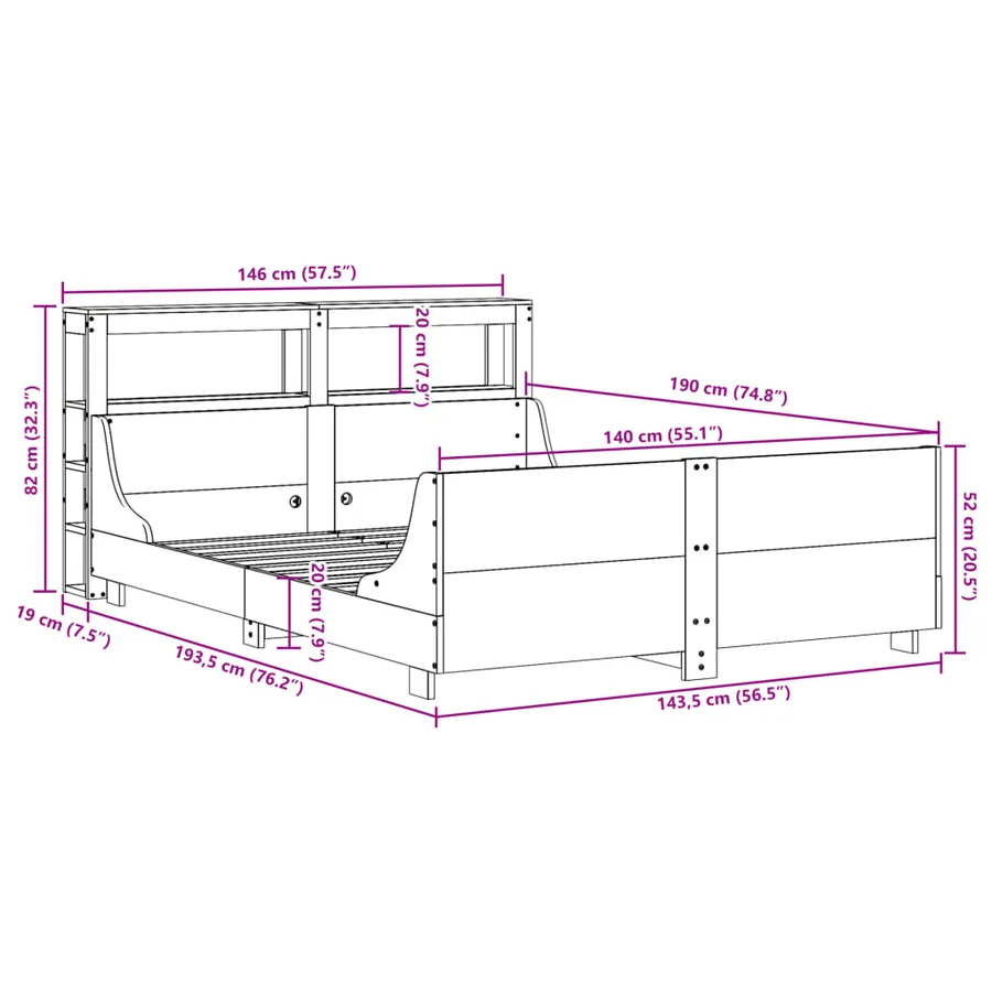Cadre de lit sans matelas 140x190 cm bois de pin massif - 12
