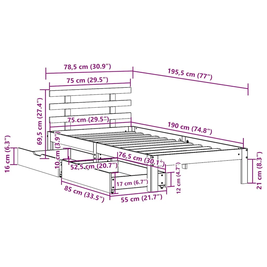 Cadre de lit avec tiroirs sans matelas cire marron 75x190 cm - 11