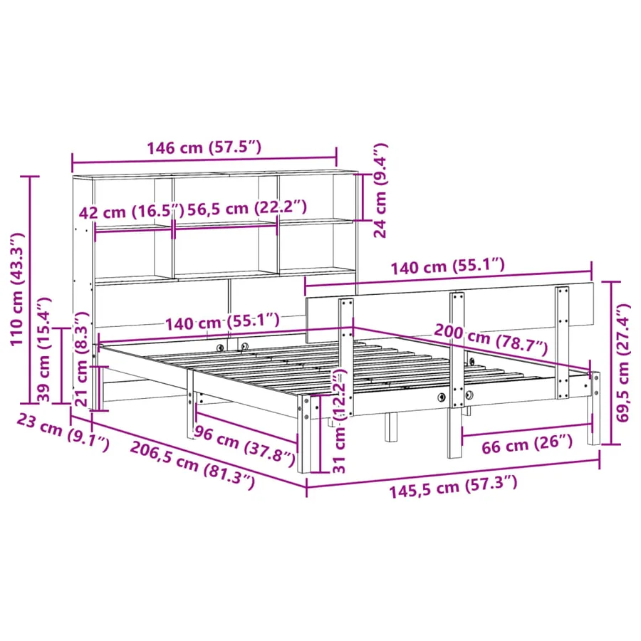 Lit bibliothèque sans matelas blanc 140x200 cm bois pin massif - 11