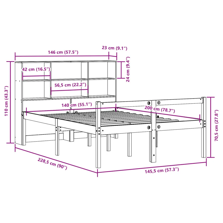 Lit bibliothèque sans matelas blanc 140x200 cm bois pin massif - 12