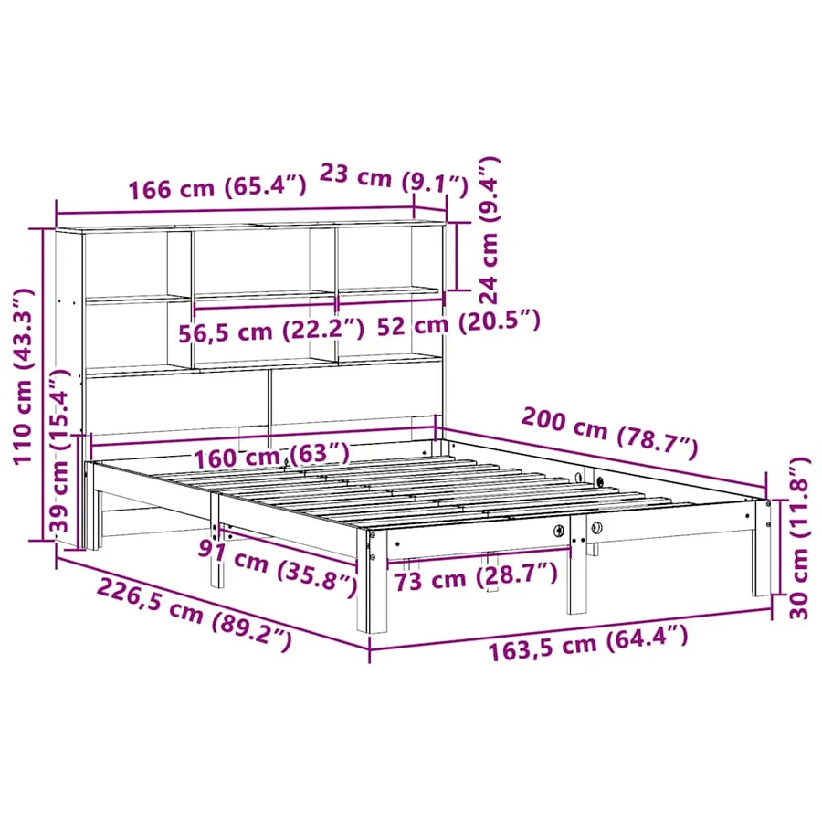 Lit bibliothèque sans matelas blanc 160x200 cm bois pin massif - 11