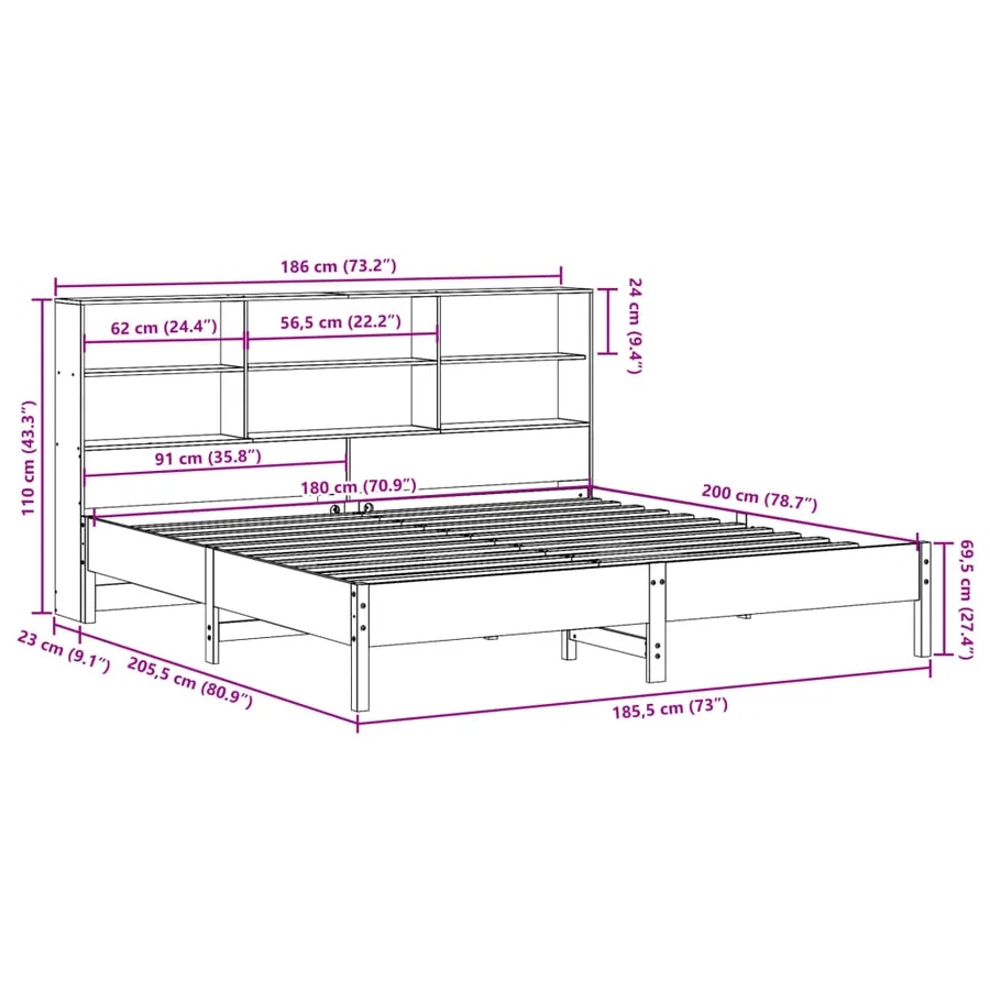 Lit bibliothèque sans matelas blanc 180x200 cm bois pin massif - 11