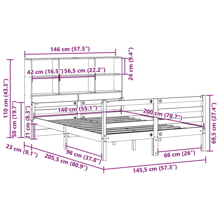 Lit bibliothèque sans matelas 140x200 cm bois massif de pin - 11