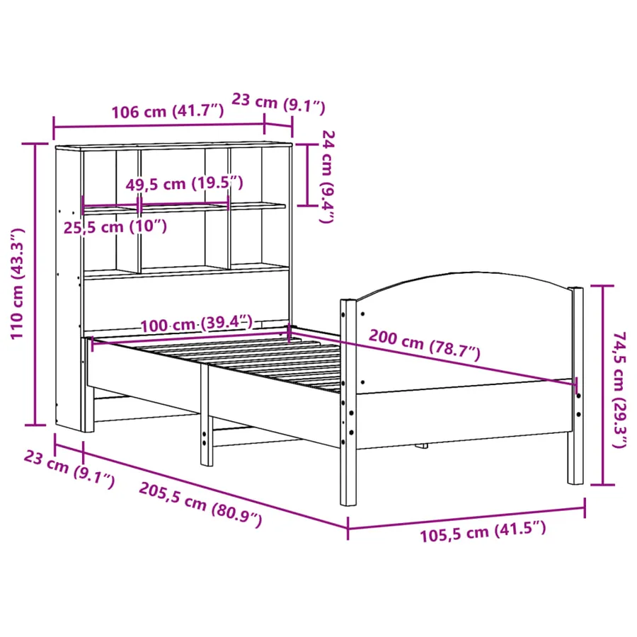 Lit bibliothèque sans matelas cire marron 100x200 cm pin massif - 12