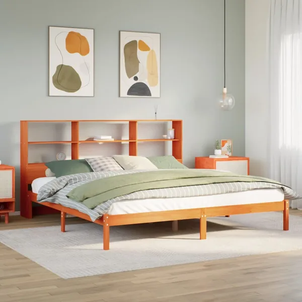 Lit bibliothèque sans matelas cire marron 180x200 cm pin massif