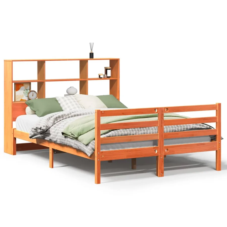 Lit bibliothèque sans matelas cire marron 150x200cm bois massif - 2