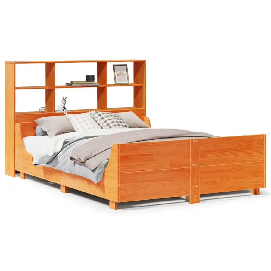 Lit bibliothèque sans matelas cire marron 150x200cm bois massif - 2