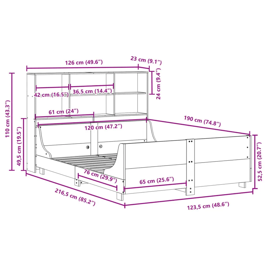 Lit bibliothèque sans matelas cire marron 120x190cm bois massif - 12