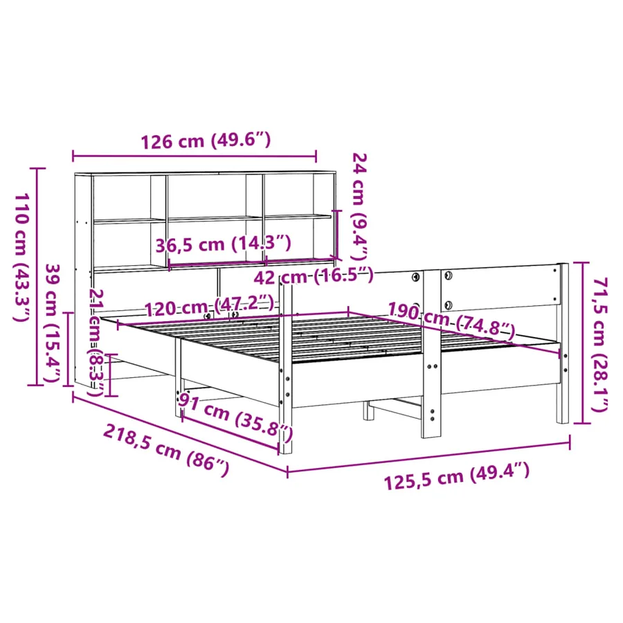 Lit bibliothèque sans matelas cire marron 120x190cm pin massif - 12