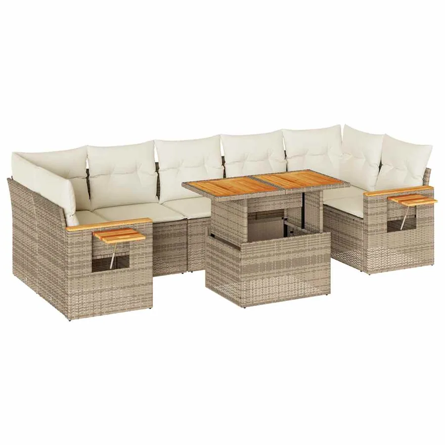 Salon de jardin avec coussins 8 pcs beige résine tressée acacia - 2