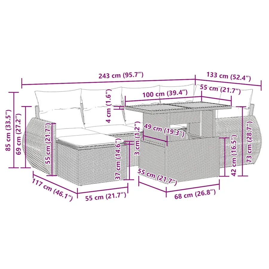 Salon de jardin 7 pcs avec coussins noir résine tressée 62 x 62 x 69 cm - 64,0 kg - 15