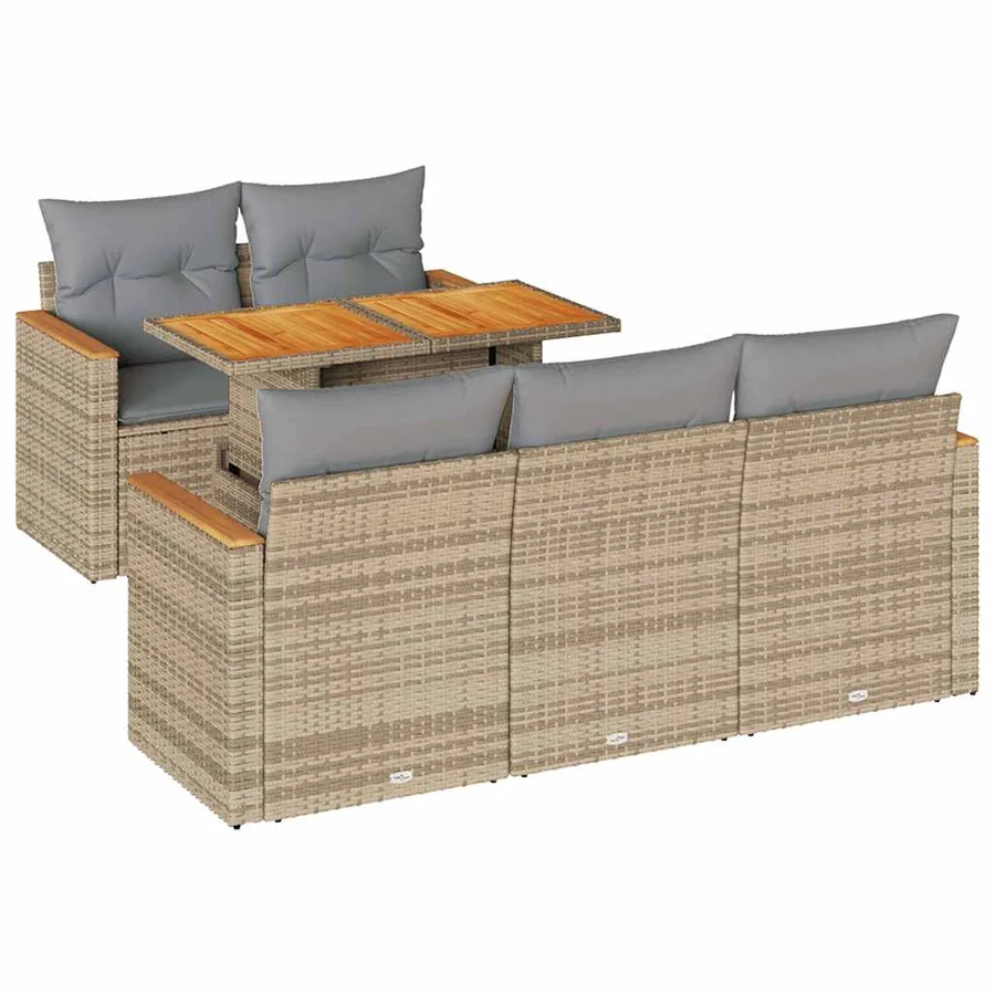 Salon de jardin 6 pcs avec coussins beige résine tressée acacia - 2