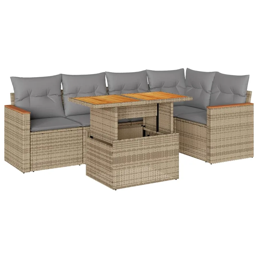 Salon de jardin 6 pcs avec coussins beige résine tressée acacia - 2