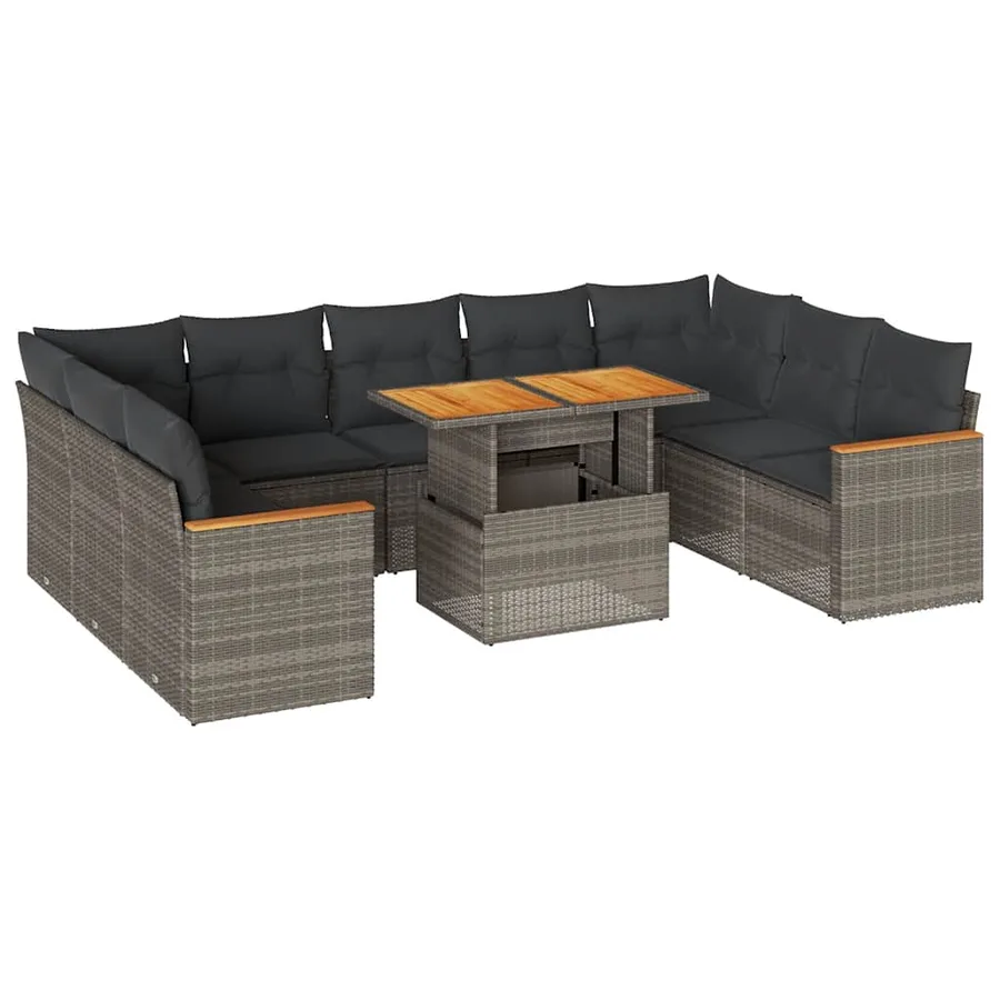Salon de jardin avec coussins 10 pcs gris résine tressée acacia - 2