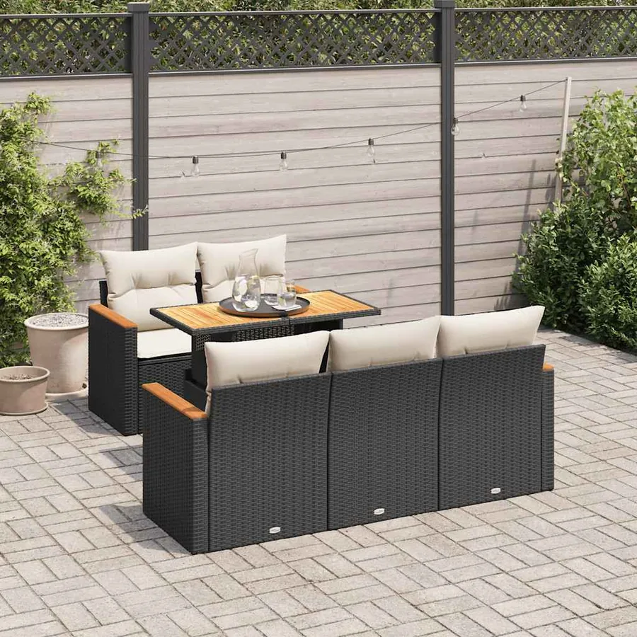 Salon de jardin 6 pcs avec coussins noir résine tressée acacia
