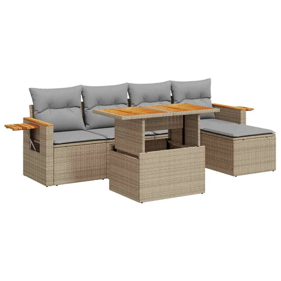 Salon de jardin 6 pcs avec coussins beige résine tressée acacia - 2