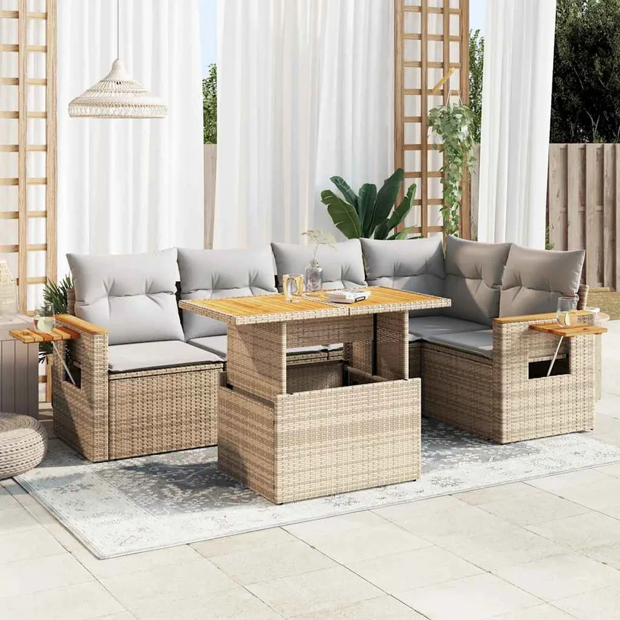 Salon de jardin 6 pcs avec coussins beige résine tressée acacia