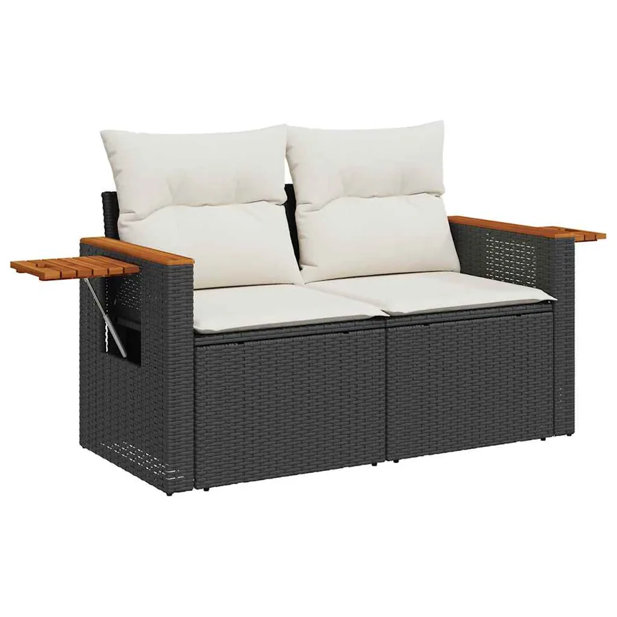 Salon de jardin 6 pcs avec coussins noir résine tressée acacia - 5