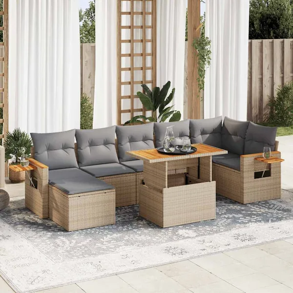Salon de jardin avec coussins 8 pcs beige résine tressée acacia