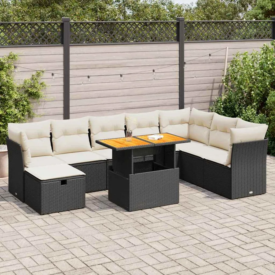Salon de jardin avec coussins 9 pcs noir résine tressée acacia