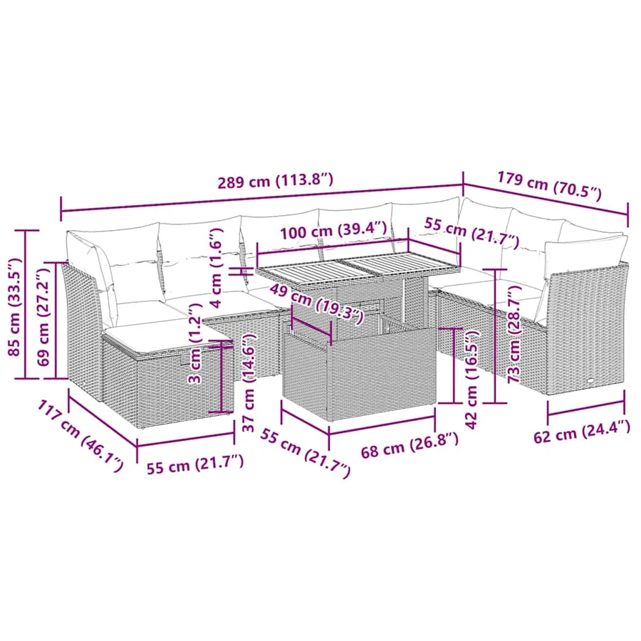 Salon de jardin avec coussins 9 pcs noir résine tressée acacia - 14