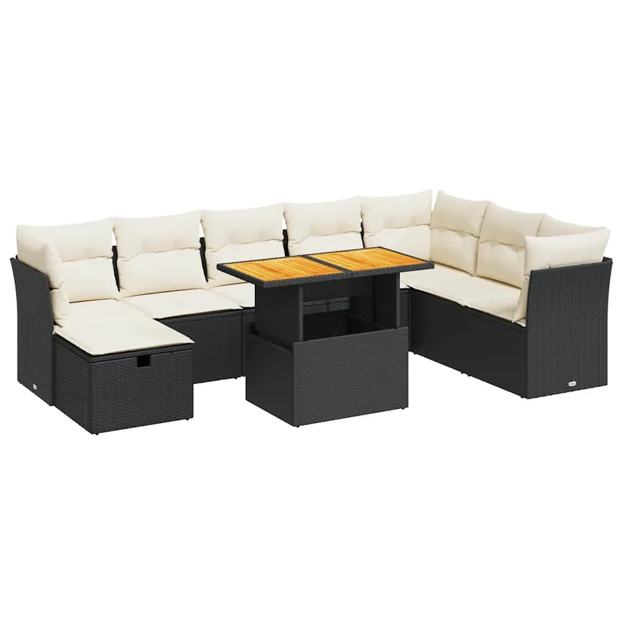 Salon de jardin avec coussins 9 pcs noir résine tressée acacia - 2