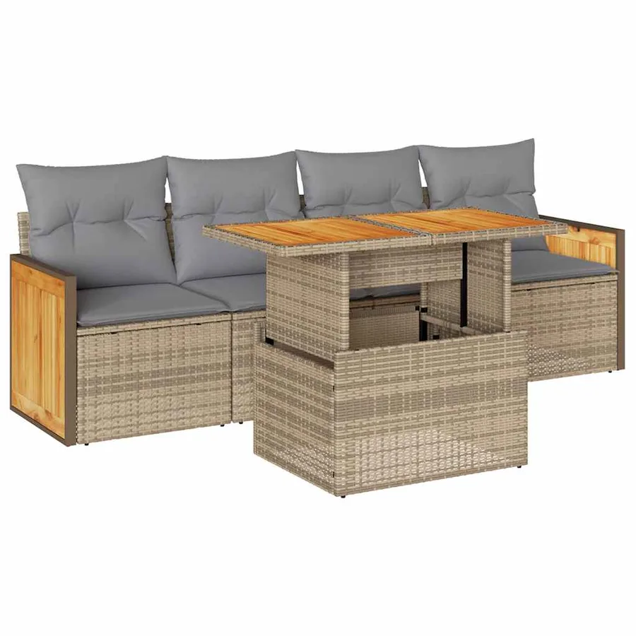 Salon de jardin avec coussins 5 pcs beige résine tressée acacia - 2