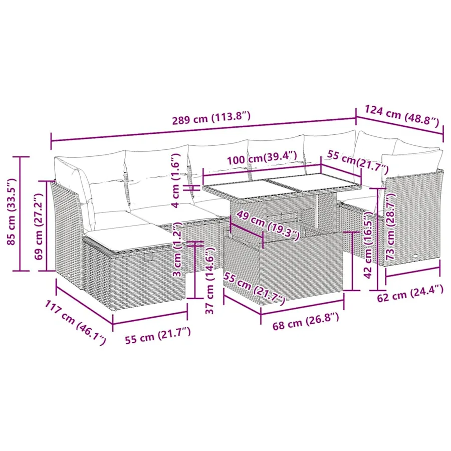 Salon de jardin 8 pcs avec coussins gris clair résine tressée - 16