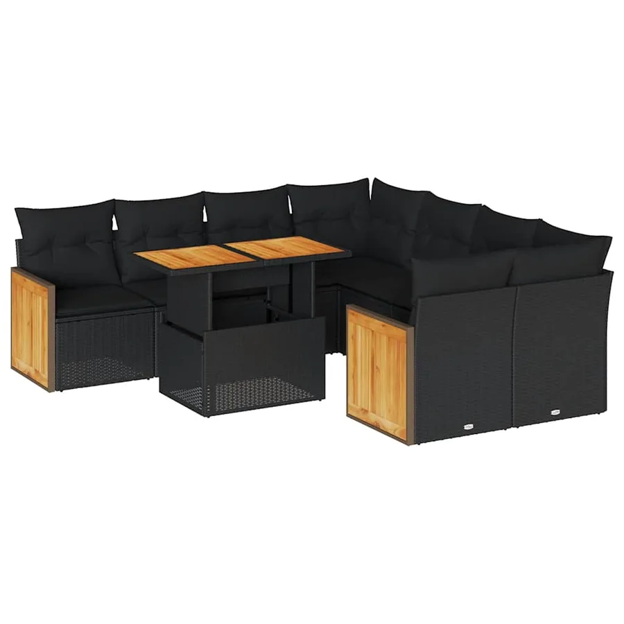 Salon de jardin avec coussins 9 pcs noir résine tressée acacia - 2