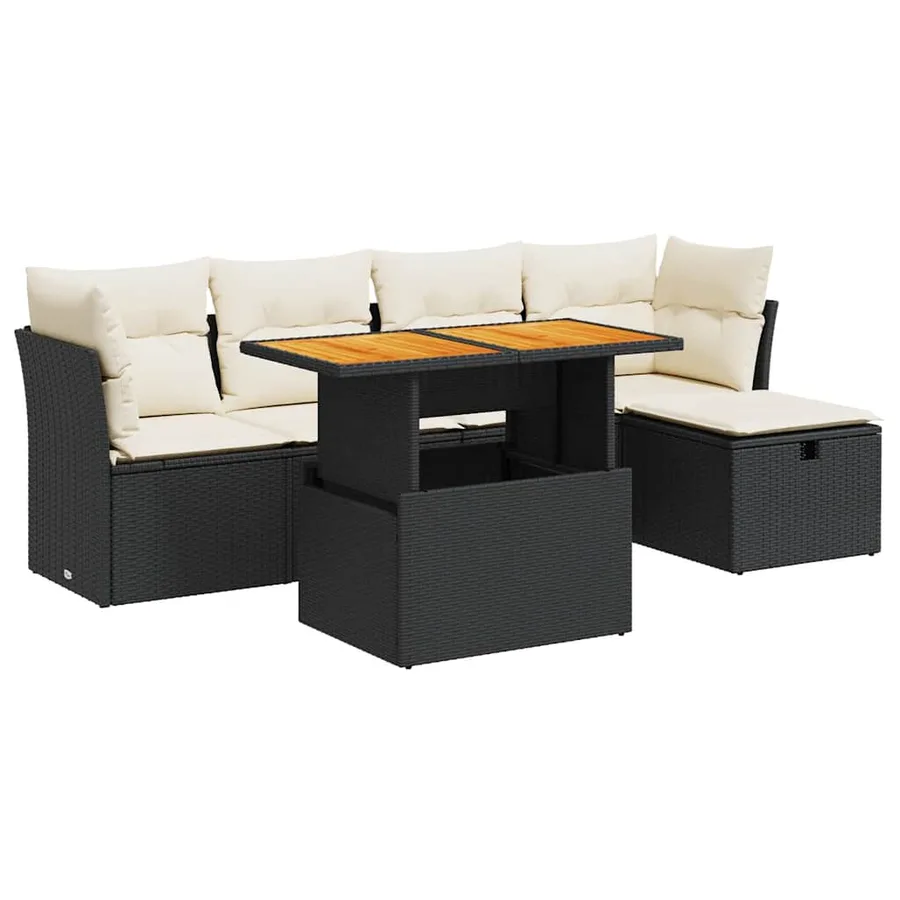Salon de jardin 6 pcs avec coussins noir résine tressée acacia - 2
