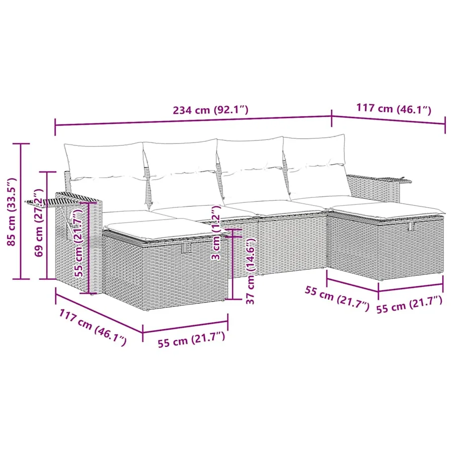 Salon de jardin 6 pcs avec coussins gris clair résine tressée - 13