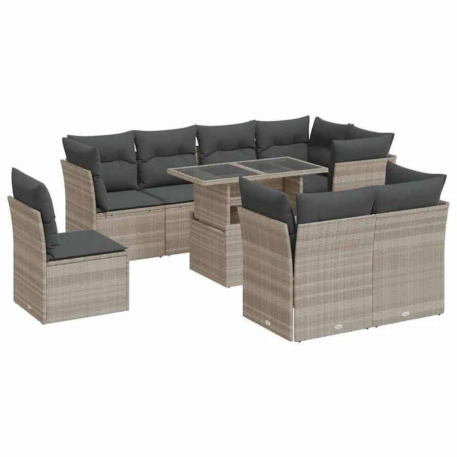 Salon de jardin 9 pcs avec coussins gris clair résine tressée - 2