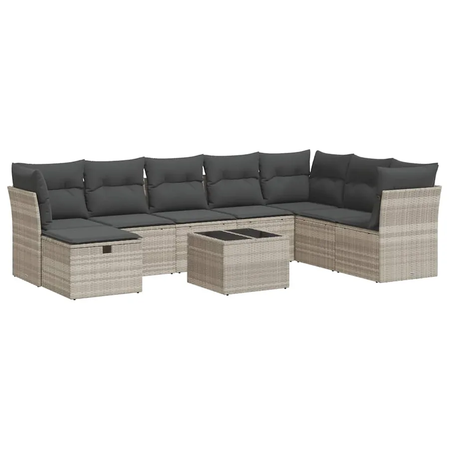 Salon de jardin 9 pcs avec coussins gris clair résine tressée - 2