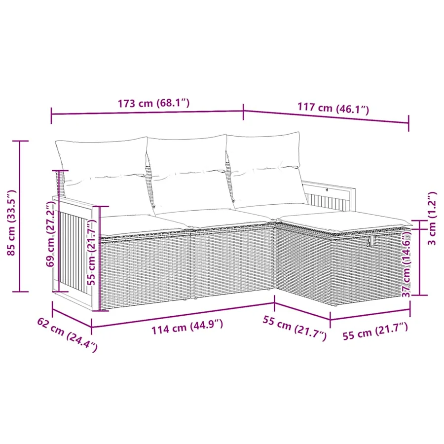 Salon de jardin 4 pcs avec coussins noir résine tressée - 12