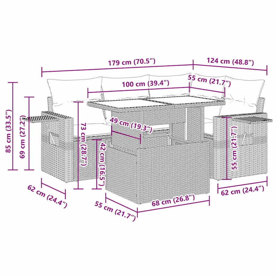 Salon de jardin 5 pcs avec coussins gris résine tressée - 14