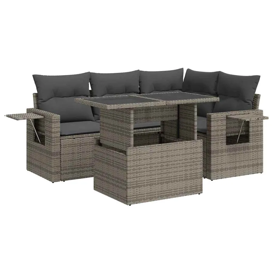 Salon de jardin 5 pcs avec coussins gris résine tressée - 2