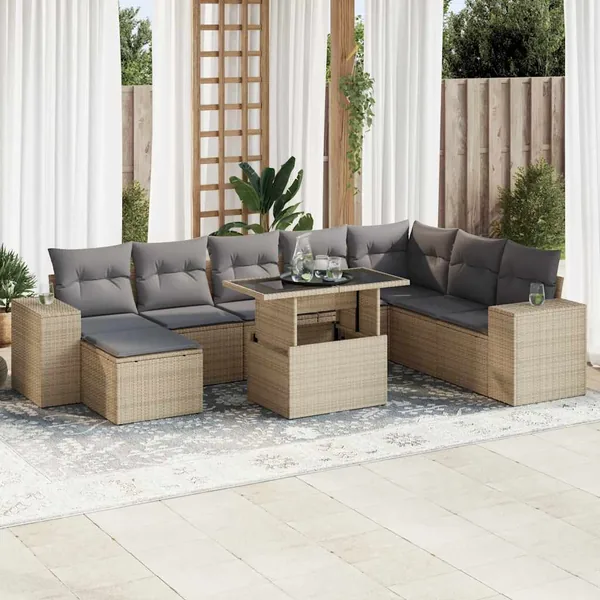Salon de jardin avec coussins 9 pcs beige résine tressée